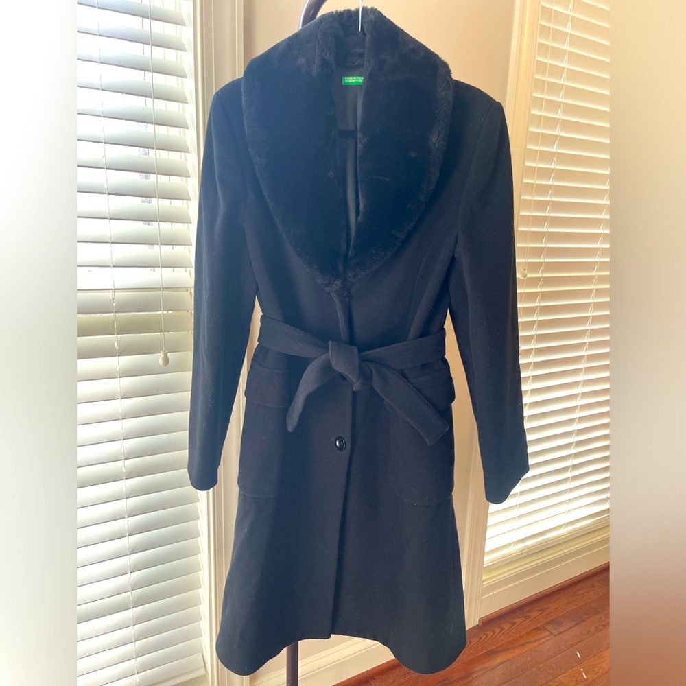 Benetton Wool-blend coat topped with a collar of plush faux  fur